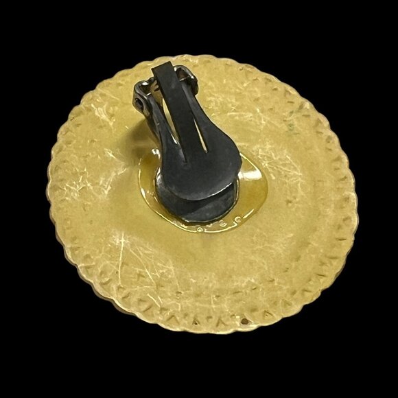 Vintage Celluloid Plastic Clip Earrings Yellow Floral Bouquet Button - Picture 6 of 9